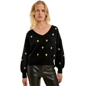 Molly Bracken Wool Blend Black Metallic Gold Heart Sweater womens Large